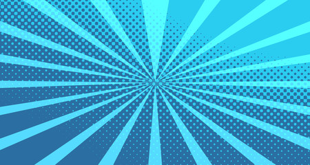 Vintage colorful comic book background. Blue blank bubbles of different shapes. Rays, radial, halftone, dotted effects. For sale banner for your designe 1960s. With copy space eps10.