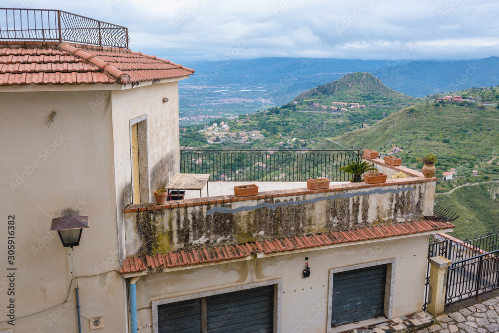 Sticker House terrace in Castelmola, small town on Sicily Island, Italy