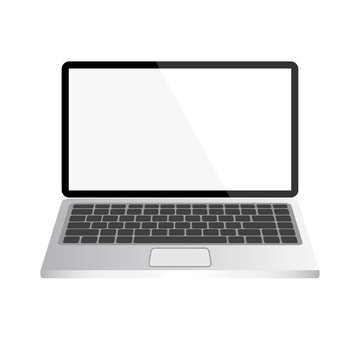 Realistic design of open laptop isolated on white background. Empty frame. Template or mock up of pc. Vector illustration.	