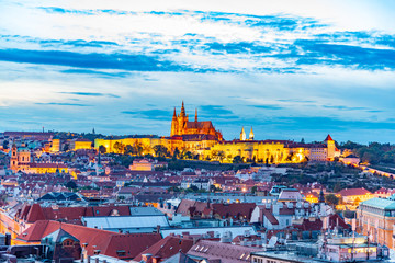 Obraz premium Prague Castle evening scenery. Hradcany with St Vitus Cathedral after sunset. Prague, Czech Republic