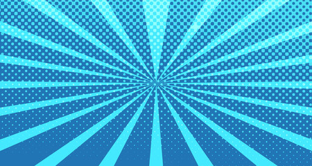 Vintage colorful comic book background. Blue blank bubbles of different shapes. Rays, radial, halftone, dotted effects. For sale banner for your designe 1960s. With copy space eps10.