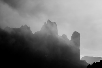 Mountains and fog in Mallos de Riglos, Aragon, Spain