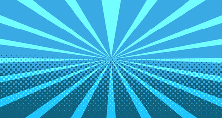 Vintage colorful comic book background. Blue blank bubbles of different shapes. Rays, radial, halftone, dotted effects. For sale banner for your designe 1960s. With copy space eps10.