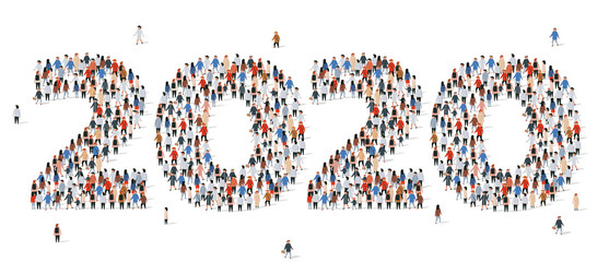 Happy New Year 2020. Large and diverse group of people gathered together in the shape of number 2020.
