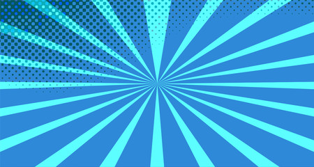 Obraz premium Vintage colorful comic book background. Blue blank bubbles of different shapes. Rays, radial, halftone, dotted effects. For sale banner for your designe 1960s. With copy space eps10.