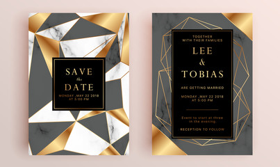 Beautiful set of wedding card templates. Gold collection of geometrical polyhedron, art deco style for wedding invitation, luxury templates, decorative patterns.