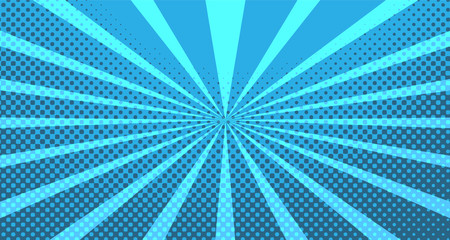 Vintage colorful comic book background. Blue blank bubbles of different shapes. Rays, radial, halftone, dotted effects. For sale banner for your designe 1960s. With copy space eps10.
