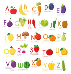 Cute cartoon illustrated alphabet with fruits and vegetables. English alphabet. Learn to read. Isolated Vector illustration.