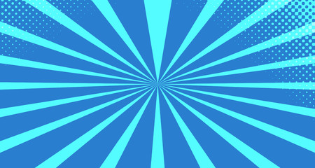 Vintage colorful comic book background. Blue blank bubbles of different shapes. Rays, radial, halftone, dotted effects. For sale banner for your designe 1960s. With copy space eps10.