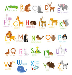 Niedliches Cartoon-Zoo-illustriertes Alphabet mit lustigen Tieren. Englisches Alphabet. Lesen lernen. Isolierte Vektor-Illustration. © asantosg