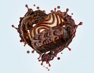 Milk chocolate sauce 3D valentine heart splash, assorted milk chocolate candies dessert isolated on blue background. Hot melt milk chocolate sauce, sweet milk chocolate candy splash design elements