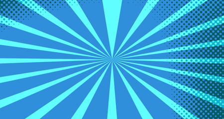 Vintage colorful comic book background. Blue blank bubbles of different shapes. Rays, radial, halftone, dotted effects. For sale banner for your designe 1960s. With copy space eps10.
