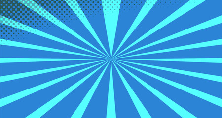 Obraz premium Vintage colorful comic book background. Blue blank bubbles of different shapes. Rays, radial, halftone, dotted effects. For sale banner for your designe 1960s. With copy space eps10.