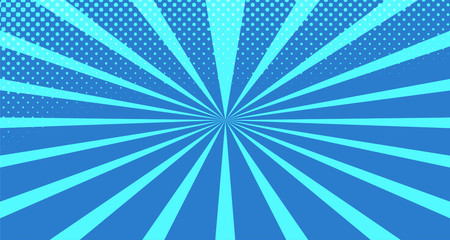 Vintage colorful comic book background. Blue blank bubbles of different shapes. Rays, radial, halftone, dotted effects. For sale banner for your designe 1960s. With copy space eps10.
