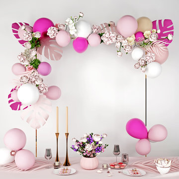 3d render christmas balloons. pink color table decor