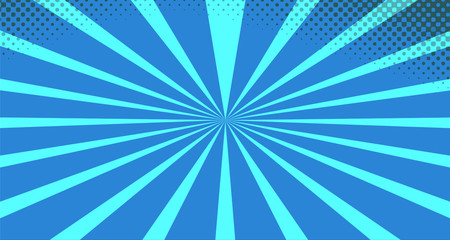 Vintage colorful comic book background. Blue blank bubbles of different shapes. Rays, radial, halftone, dotted effects. For sale banner for your designe 1960s. With copy space eps10.