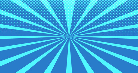 Obraz premium Vintage colorful comic book background. Blue blank bubbles of different shapes. Rays, radial, halftone, dotted effects. For sale banner for your designe 1960s. With copy space eps10.