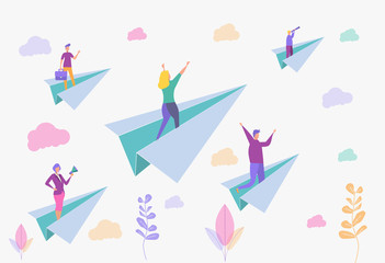 Career success, office workers flying on paper planes. Achieve success and goals in business. Colorful illustration. Career for woman or man