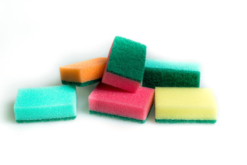 Sponges for washing close-up on the table. Fight with dirt. Cannon Housewives.