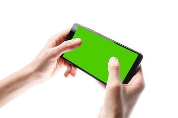 smartphone in hands on white background 