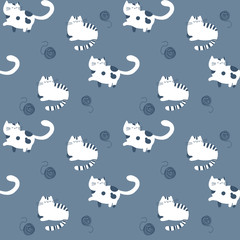 Cute seamless pattern with funny cat on blue background
