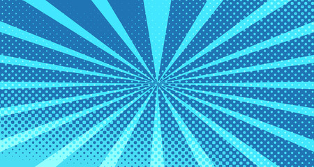 Vintage colorful comic book background. Blue blank bubbles of different shapes. Rays, radial, halftone, dotted effects. For sale banner for your designe 1960s. With copy space eps10.