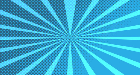 Vintage colorful comic book background. Blue blank bubbles of different shapes. Rays, radial, halftone, dotted effects. For sale banner for your designe 1960s. With copy space eps10.