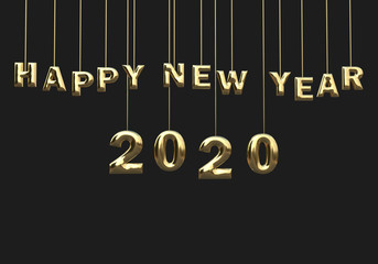 3d Render of Gold Happy New Year banner with hanging and 2020 numbers on black background, Winter holiday, realistic decorations.