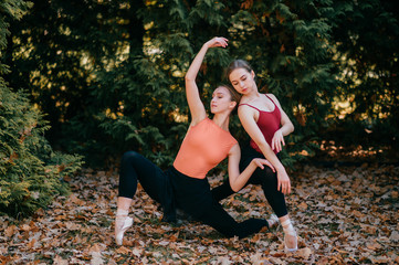 Two young ballerinas posing with grace and elegance in black leggins pants and tutu  among green trees outdoor.