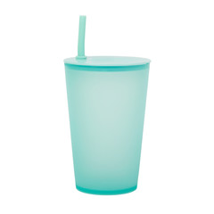 Baby's blue plastc sip cup with a straw isolated on white background