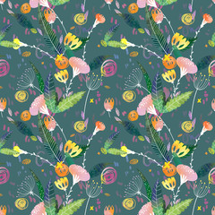 Fototapeta premium Seamless jungle pattern with fantasy flower orange and yellow color, also with some green leaves and violets elements on green back