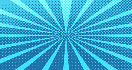 Vintage colorful comic book background. Blue blank bubbles of different shapes. Rays, radial, halftone, dotted effects. For sale banner for your designe 1960s. With copy space eps10.