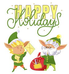 Happy elves preparing for christmas. Happy holiday caption, greeting card. Fairy characters among red sack with presents, santa claus helpers. Elf in costume and hat. Vector illustration in flat style