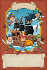 Poster with cartoon pirates on a ship at the sea. Banner with ribbons.