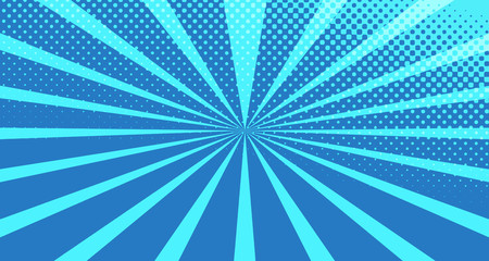 Vintage colorful comic book background. Blue blank bubbles of different shapes. Rays, radial, halftone, dotted effects. For sale banner for your designe 1960s. With copy space eps10.