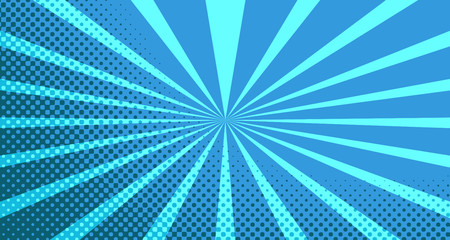 Vintage colorful comic book background. Blue blank bubbles of different shapes. Rays, radial, halftone, dotted effects. For sale banner for your designe 1960s. With copy space eps10.