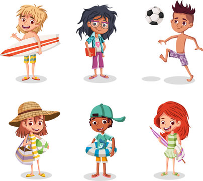 Cartoon children with beach clothes. Kids going to the beach.