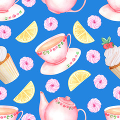 Seamless pattern with cupcakes, marshmallows, lemon slice, cups and teapot. Watercolor repeat background for kitchen fabric.