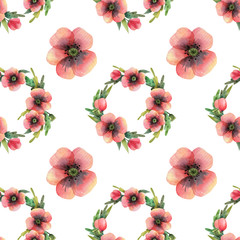 Seamless flower pattern with wreath of red poppy. Garden, texture.	