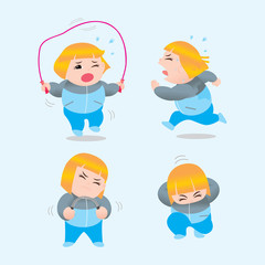 Funny vector illustration of fat woman doing excercising. Concept of Strong healthy fat woman. cartoon