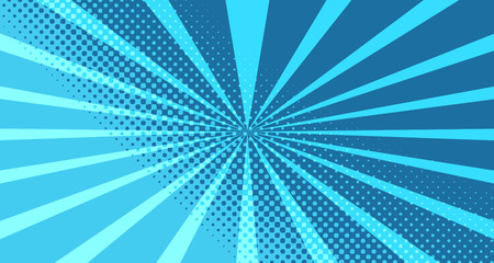 Vintage colorful comic book background. Blue blank bubbles of different shapes. Rays, radial, halftone, dotted effects. For sale banner for your designe 1960s. With copy space eps10.
