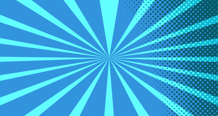 Vintage colorful comic book background. Blue blank bubbles of different shapes. Rays, radial, halftone, dotted effects. For sale banner for your designe 1960s. With copy space eps10.