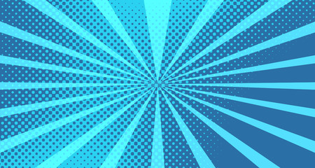 Vintage colorful comic book background. Blue blank bubbles of different shapes. Rays, radial, halftone, dotted effects. For sale banner for your designe 1960s. With copy space eps10.