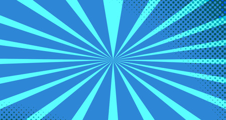 Vintage colorful comic book background. Blue blank bubbles of different shapes. Rays, radial, halftone, dotted effects. For sale banner for your designe 1960s. With copy space eps10.