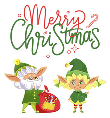 Naklejka premium Merry christmas caption, greeting card. Two elves preparing gifts for kids on xmas holiday. Fairy character with sack of presents and little girl, santa claus helpers. Vector illustration in flat