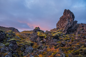 Iceland in september 2019. Great Valley Park Landmannalaugar, surrounded by mountains of rhyolite and unmelted snow. In the valley built large camp. Evening in september 2019