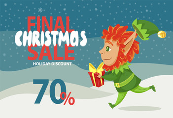 Final christmas sale and holiday discount in shops. Little boy in green costume running in winter forest. Fairy character hold box with gift in hand. Designed promotion with dwarf. Vector illustration