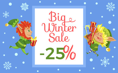 Big winter sale, promotional banner with elves and calligraphic inscription. Dwarf with gifts. Snowfall and snowflake ornaments. Discounts and reduction of price for shops and stores, vector in flat