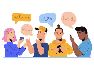 People Characters Chatting Using Smartphone. Friends Discuss Social Network And Texting. Group of Man and Woman with Mobile Phones, ,Dialogue Speech Bubbles. Flat Vector illustration