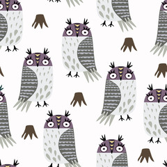 Seamless childish pattern with cute owls. Creative kids scandinavian style texture for fabric, wrapping, textile, wallpaper, apparel. Vector illustration